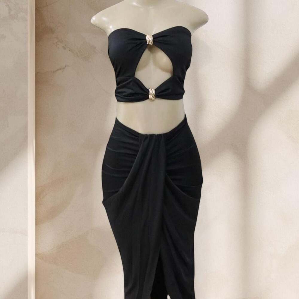 Black  Two Piece Set – Strapless Top & Draped Maxi Skirt Gold Detail Sexy ✧ L